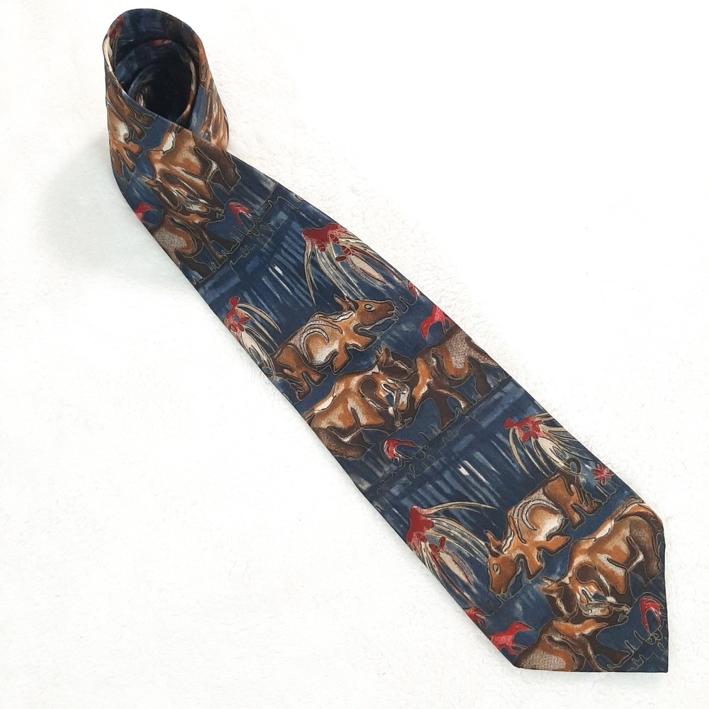 Grace Newburger Cow Birds Men's Silk Tie Blue Brown Red Animal Print  Classic